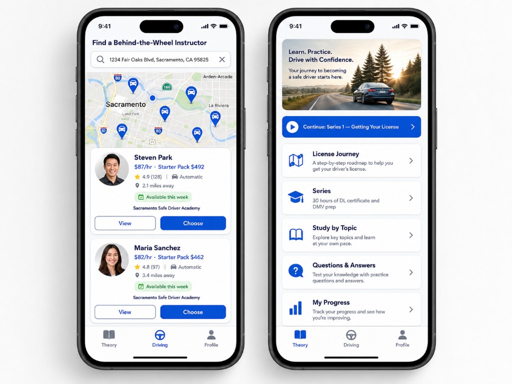 DriveEasy app showing Theory study modules and Driving instructor booking side by side